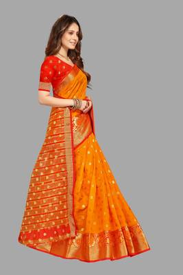 Orange woven cotton silk saree with blouse 3