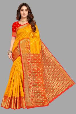 Yellow woven cotton  silk saree with blouse 1