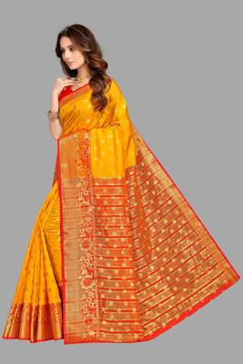 Yellow woven cotton  silk saree with blouse 2