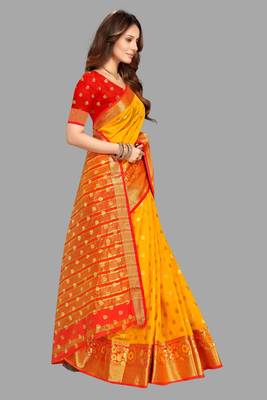 Yellow woven cotton  silk saree with blouse 3