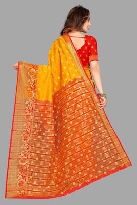Yellow woven cotton  silk saree with blouse 4
