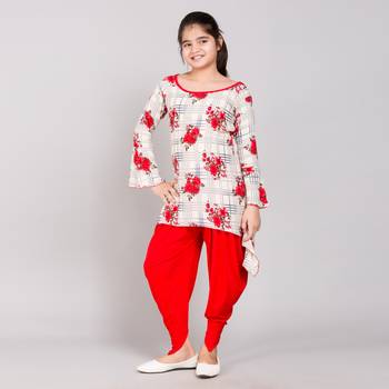 Red rayon printed girls stitched    Kurta  &    Dhoti 1