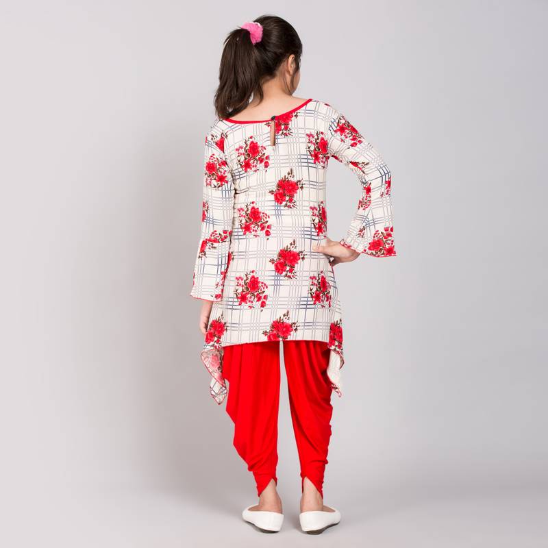 Red rayon printed girls stitched    Kurta  &    Dhoti