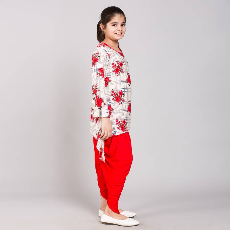 Red rayon printed girls stitched    Kurta  &    Dhoti