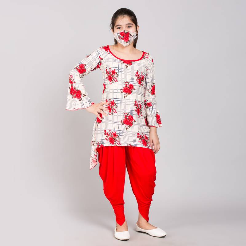 Red rayon printed girls stitched    Kurta  &    Dhoti