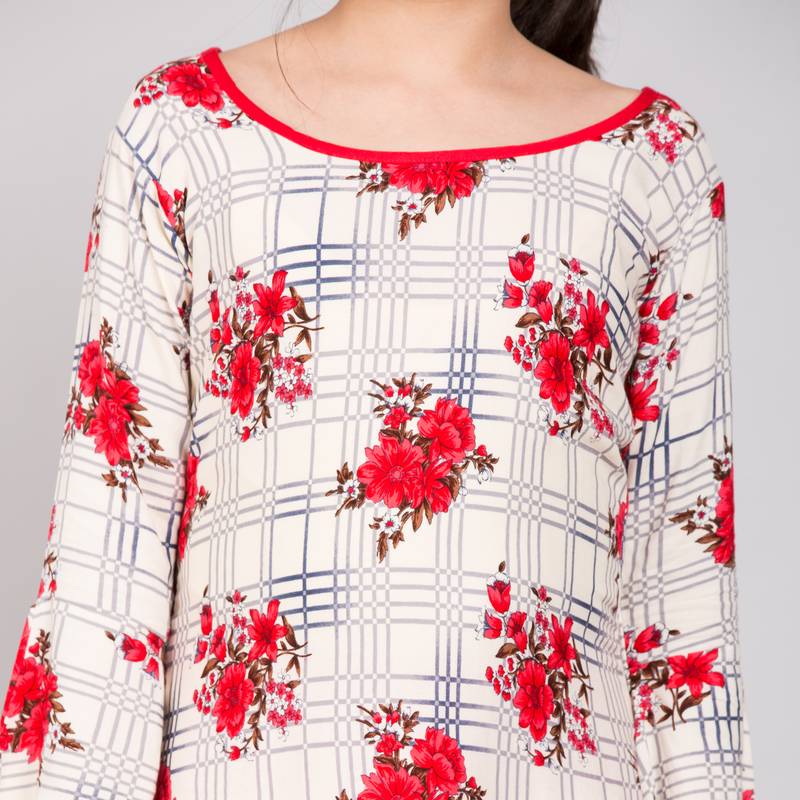 Red rayon printed girls stitched    Kurta  &    Dhoti