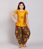 Yellow rayon printed girls stitched    Kurta  &    Dhoti