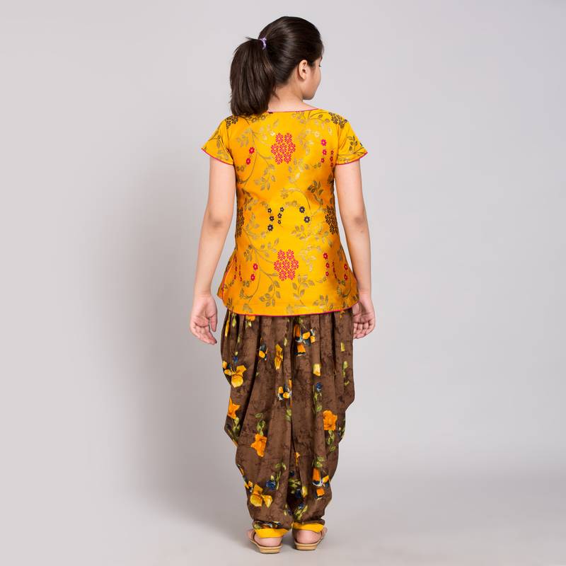 Yellow rayon printed girls stitched    Kurta  &    Dhoti