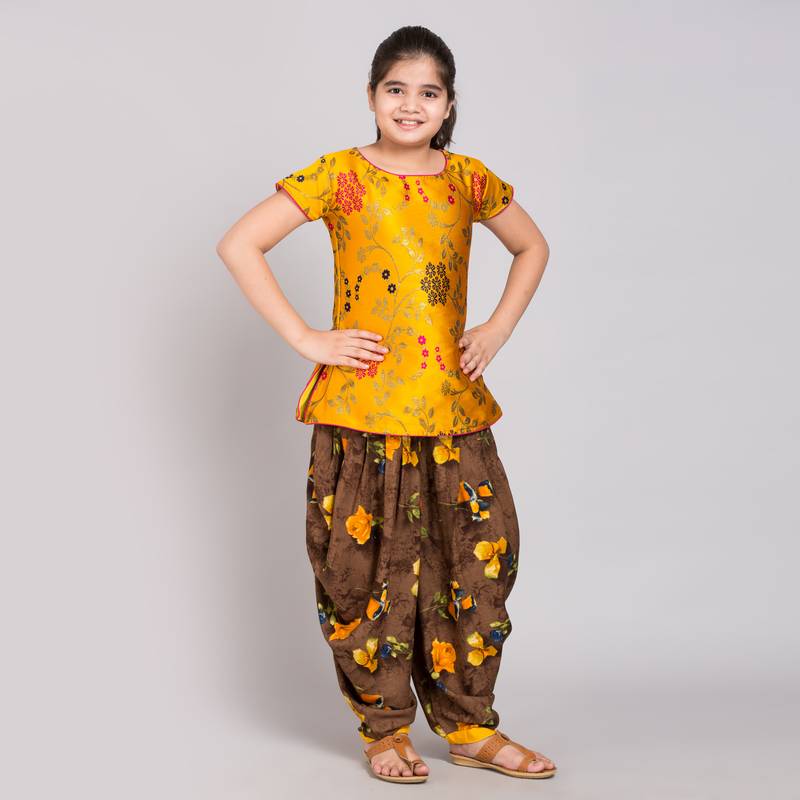 Yellow rayon printed girls stitched    Kurta  &    Dhoti