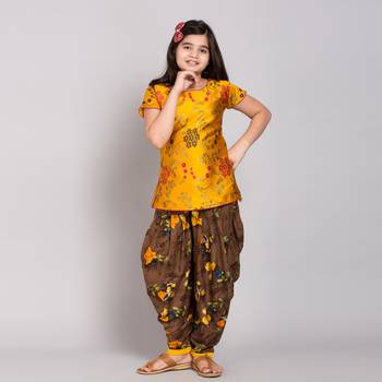 Yellow rayon printed girls stitched    Kurta  &    Dhoti 4