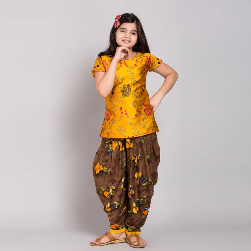 Yellow rayon printed girls stitched    Kurta  &    Dhoti
