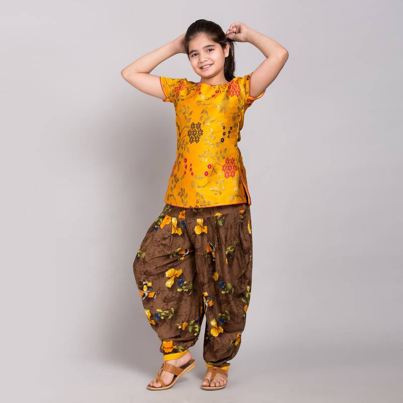 Yellow rayon printed girls stitched    Kurta  &    Dhoti