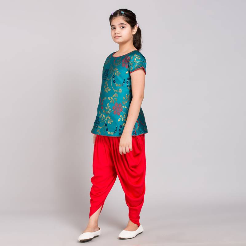Blue rayon printed girls stitched    kurta &   patiala