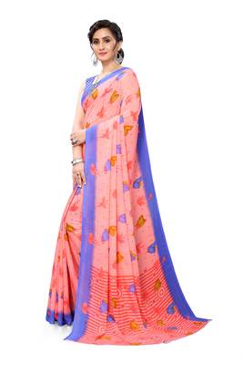 Peach printed georgette saree with blouse 3