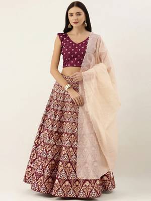 Wine zari silk unstitched lehenga 1
