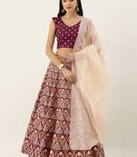 Wine zari silk unstitched lehenga