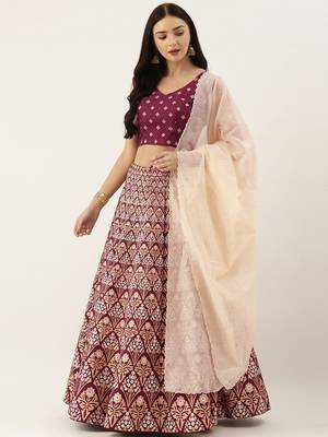 Wine zari silk unstitched lehenga 4