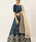 Teal zari silk unstitched lehenga