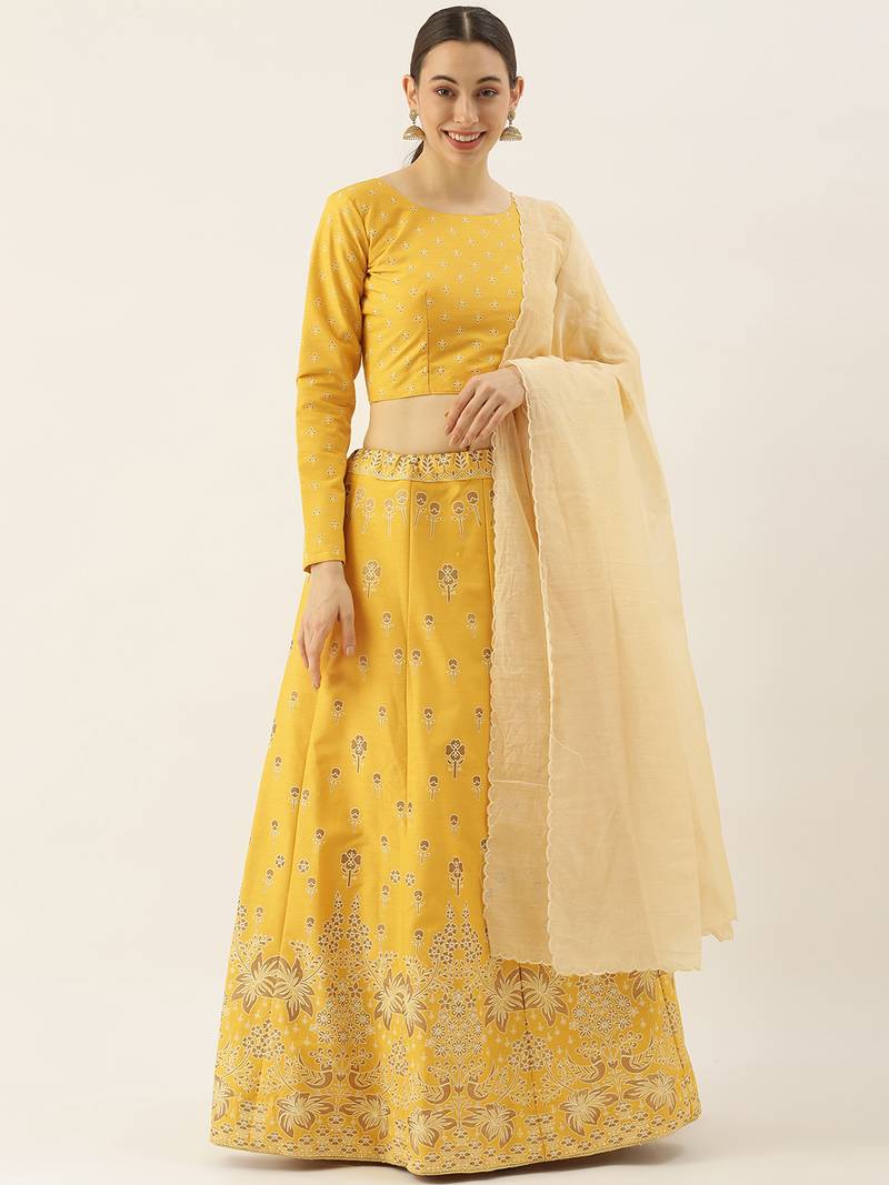 Yellow zari silk unstitched lehenga