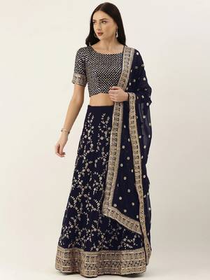 Navy Blue & Gold-Toned Embroidered Semi-Stitched Lehenga & Unstitched Blouse with Dupatta 1