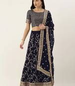Navy Blue & Gold-Toned Embroidered Semi-Stitched Lehenga & Unstitched Blouse with Dupatta