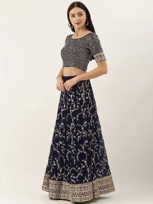 Navy Blue & Gold-Toned Embroidered Semi-Stitched Lehenga & Unstitched Blouse with Dupatta 2