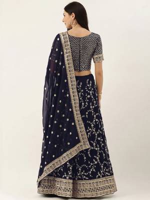 Navy Blue & Gold-Toned Embroidered Semi-Stitched Lehenga & Unstitched Blouse with Dupatta 3