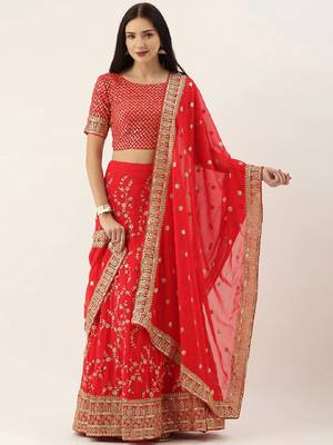 Red & Gold-Toned Embroidered Semi-Stitched Lehenga & Unstitched Blouse with Dupatta 1