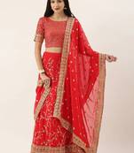 Red & Gold-Toned Embroidered Semi-Stitched Lehenga & Unstitched Blouse with Dupatta