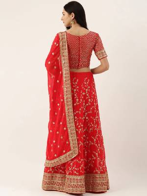 Red & Gold-Toned Embroidered Semi-Stitched Lehenga & Unstitched Blouse with Dupatta 2