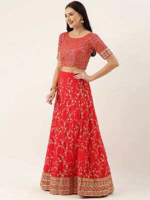 Red & Gold-Toned Embroidered Semi-Stitched Lehenga & Unstitched Blouse with Dupatta 5
