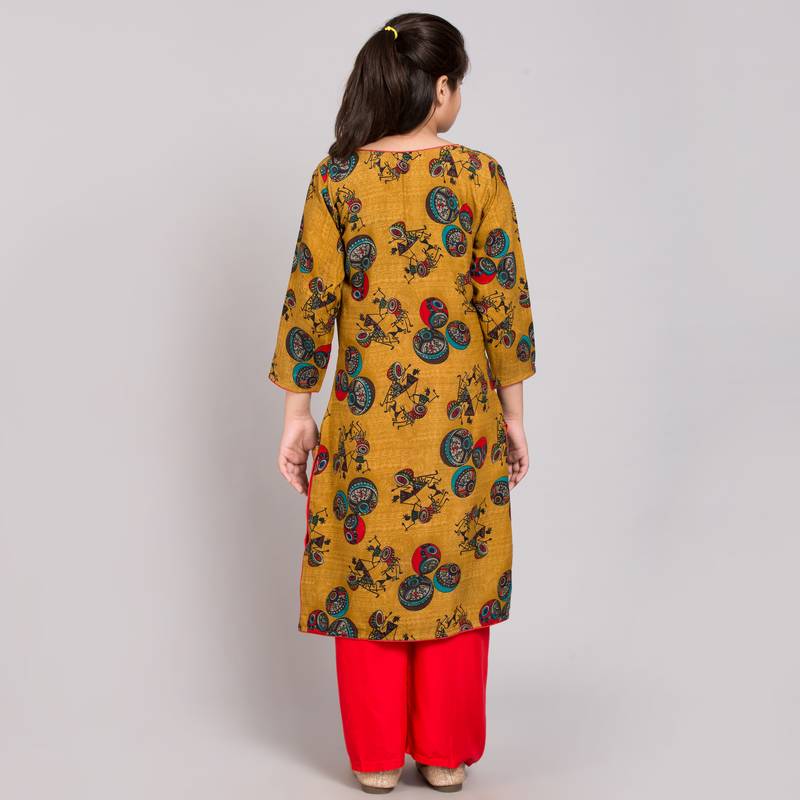 Yellow rayon printed girls stitched    Kurta  &    Pallazo