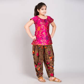 Pink rayon printed girls stitched    Kurta  &    Dhoti 1