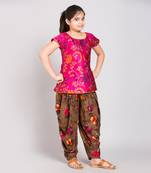 Pink rayon printed girls stitched    Kurta  &    Dhoti
