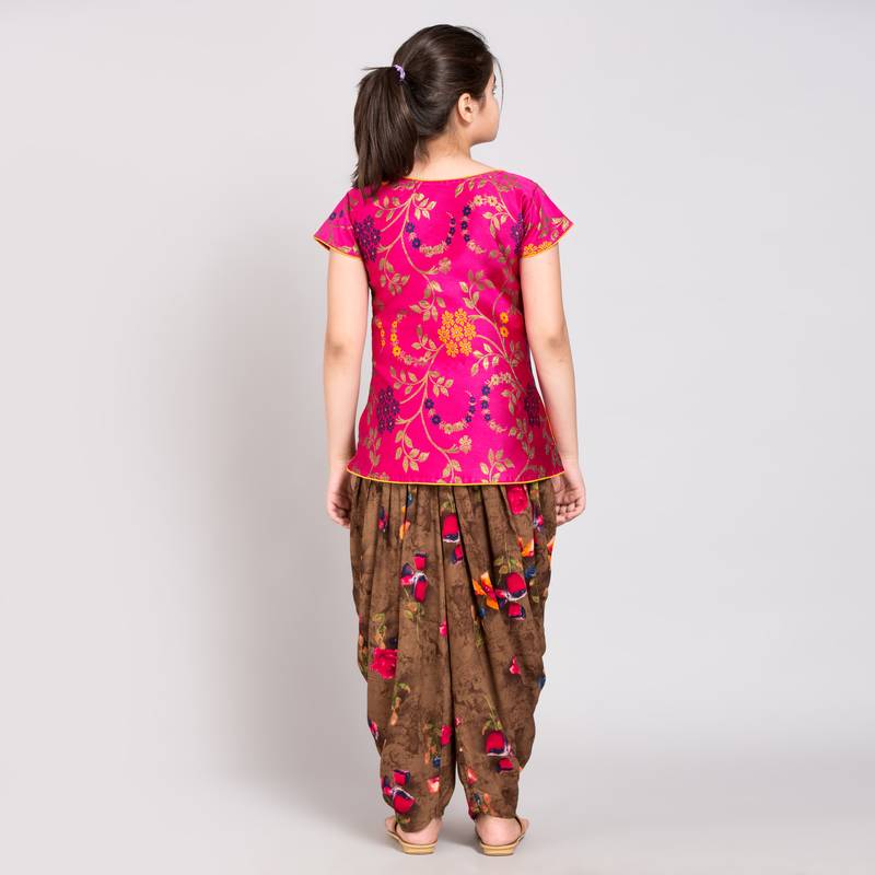 Pink rayon printed girls stitched    Kurta  &    Dhoti
