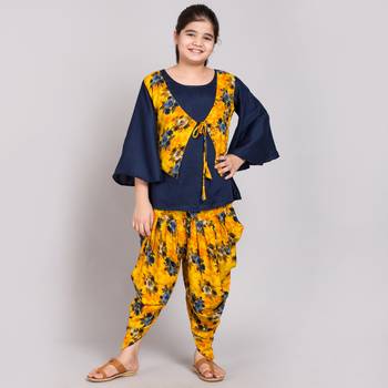Yellow rayon printed girls stitched    kurta &   jacket &   dhoti &   pant 1