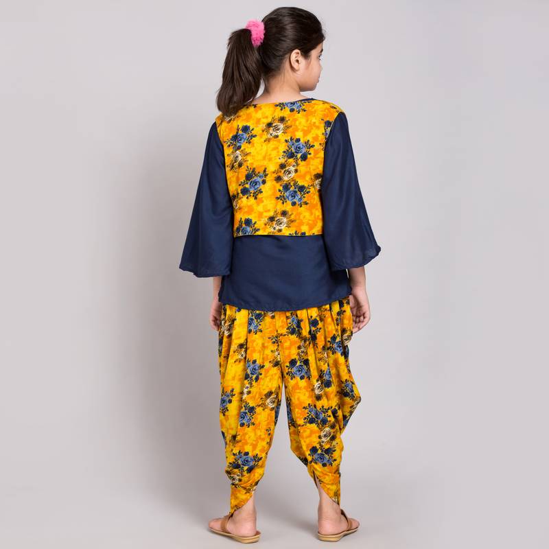Yellow rayon printed girls stitched    kurta &   jacket &   dhoti &   pant