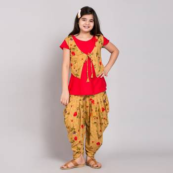 Yellow rayon printed girls stitched    kurta &   jacket &   dhoti &   pant 1