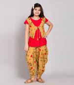 Yellow rayon printed girls stitched    kurta &   jacket &   dhoti &   pant