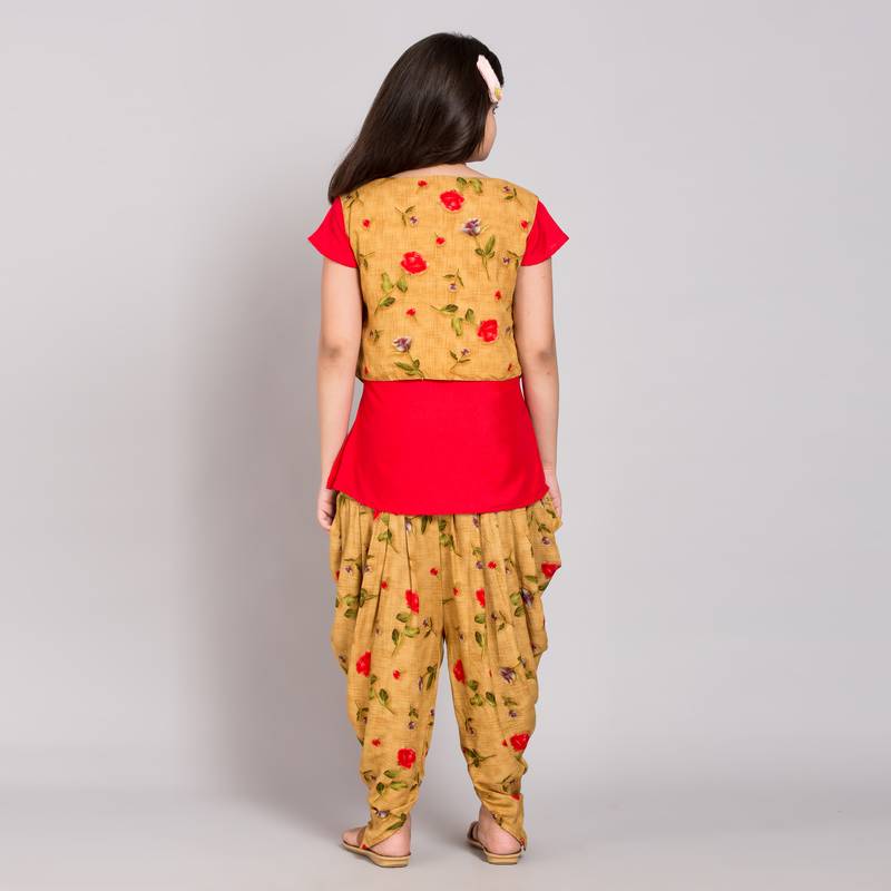 Yellow rayon printed girls stitched    kurta &   jacket &   dhoti &   pant