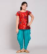 Red rayon printed girls stitched    kurta &   patiala
