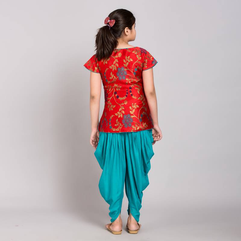 Red rayon printed girls stitched    kurta &   patiala