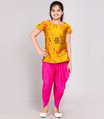 Yellow rayon printed girls stitched    kurta &   patiala
