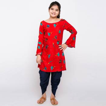 Red rayon printed girls stitched    dhoti &   kurta 1