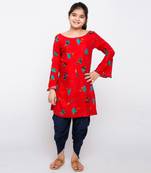 Red rayon printed girls stitched    dhoti &   kurta