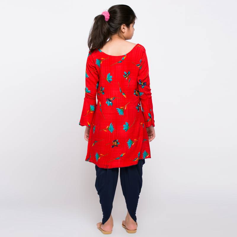 Red rayon printed girls stitched    dhoti &   kurta