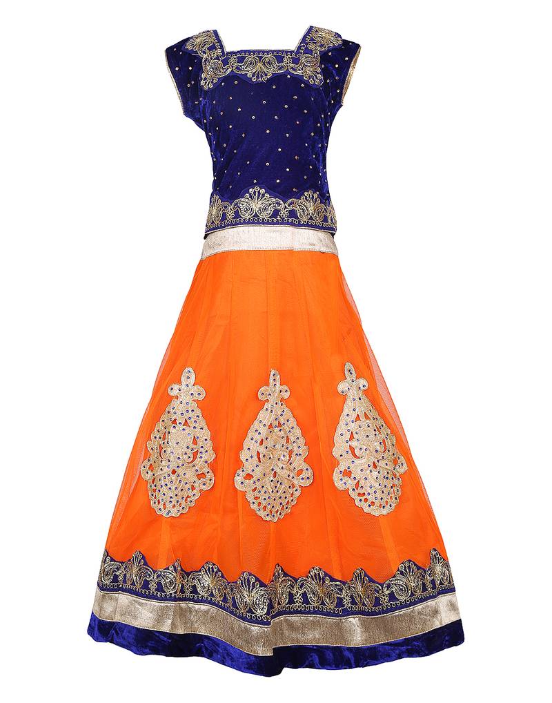 Orange Net Embroidered stitched   lehenga &   choli with dupatta