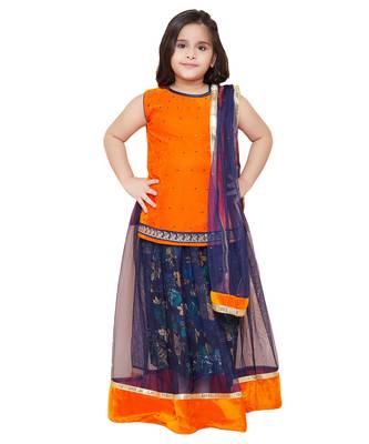 Orange Net printed stitched   lehenga &   choli with dupatta 1