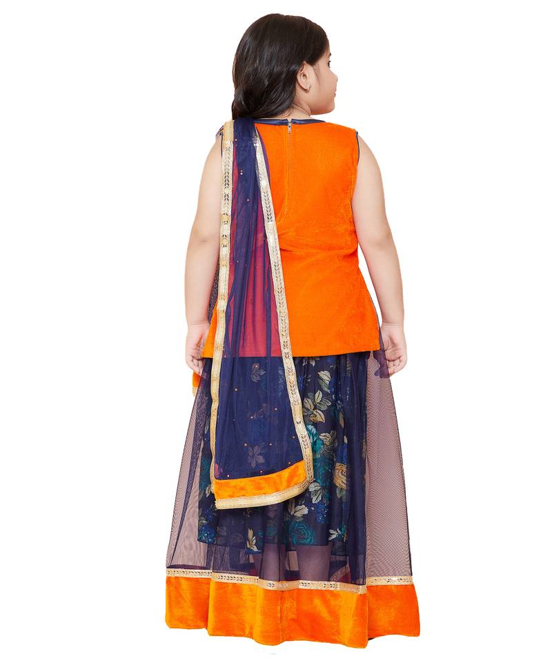 Orange Net printed stitched   lehenga &   choli with dupatta