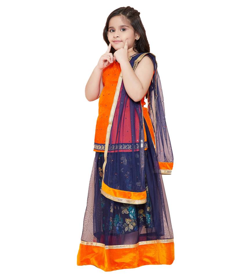 Orange Net printed stitched   lehenga &   choli with dupatta